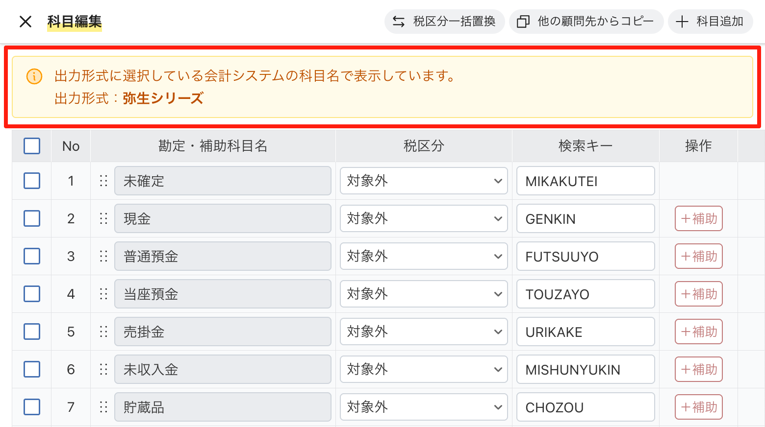 出力形式に選択している会計ソフトの科目名で表示される