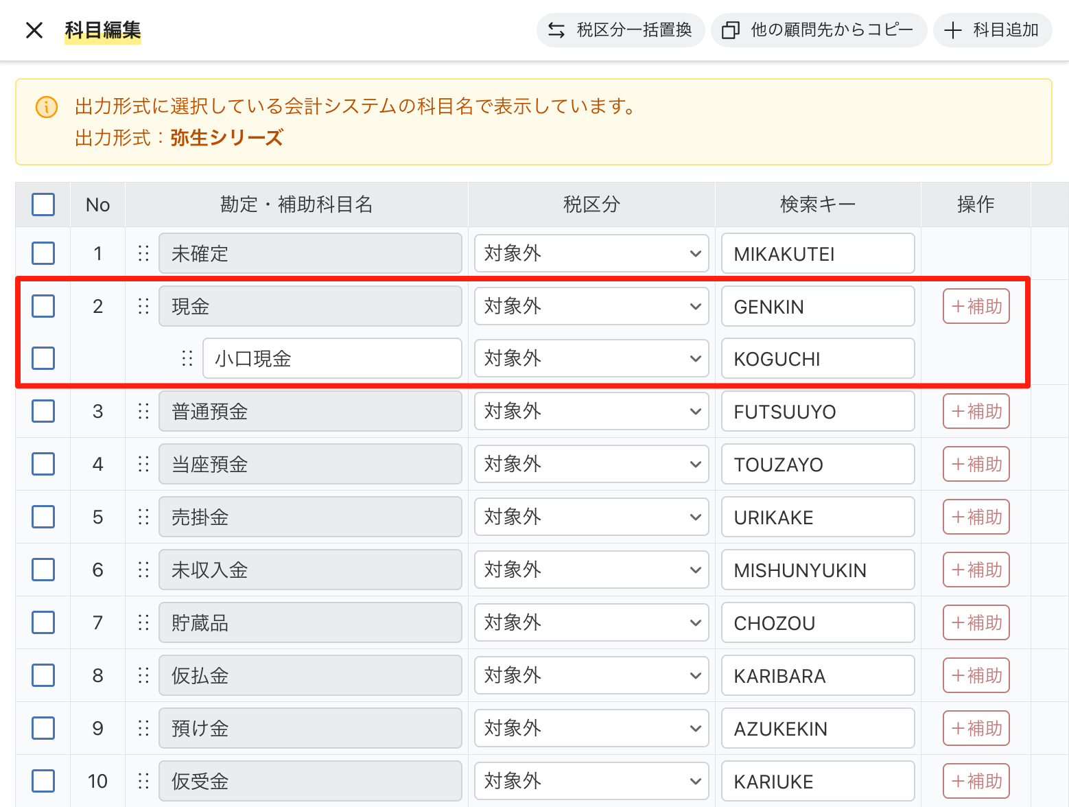 勘定科目の下に補助科目が登録される