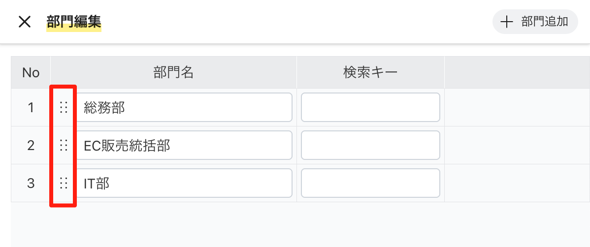 ドラッグハンドルで部門を並び替える